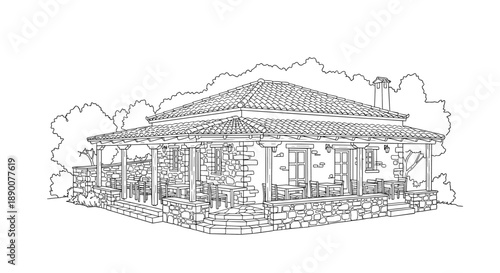 Charming rural cottage line art with stone details and porch