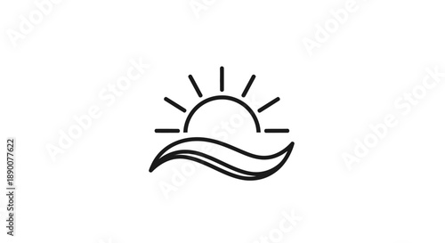Simple Line Art Sun Rising Over Waves.