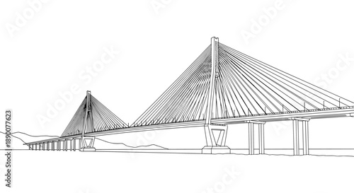 Elegant linear outline of cable-stayed bridge architecture with scenic mountain background