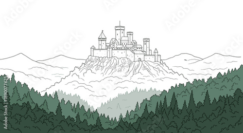 Majestic castle on hilltop surrounded by forest and mountains in linear design