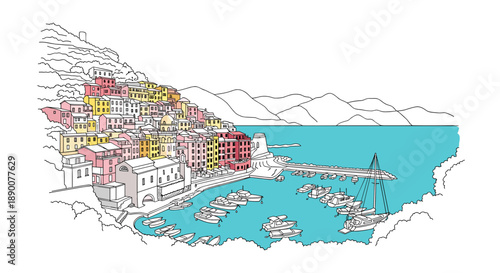 Colorful coastal village with boats by the sea in line art style