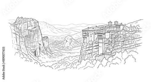 Scenic linear drawing of meteora monasteries on rocky landscape