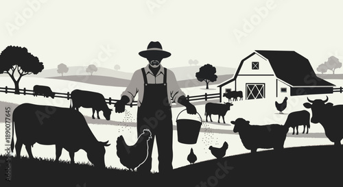 Farmer feeding livestock in rural countryside scene