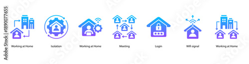 Remote Work Life web banner vector illustration featuring Working at Home, Isolation, Working at Home, Meeting, Login, Wifi signal, and Working at Home.