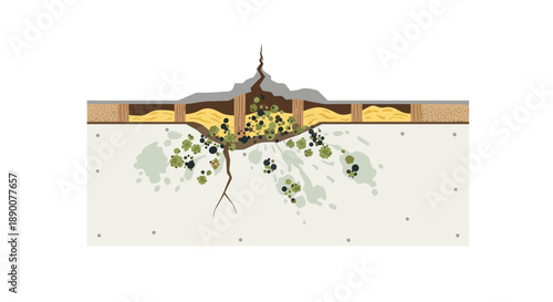 Cross-section illustration of a cracked wall with significant mold growth within the structure, showing green and black spores spreading through insulation and concret...