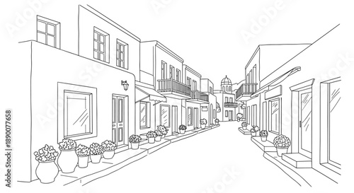 Charming narrow street with traditional architecture and flower pots in linear style