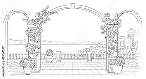 Scenic architectural drawing of a mediterranean balcony with floral arches and sea view