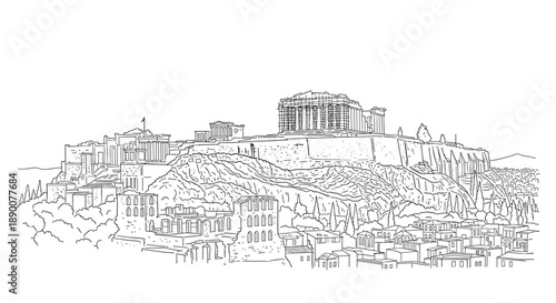 Ancient greek architecture of the acropolis in athens - detailed line art style