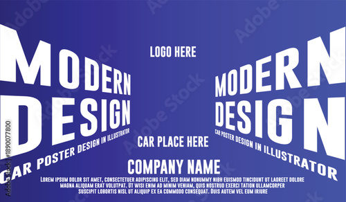 A modern design car poster template with placeholder text for a company logo, car image, and company name on a blue background.