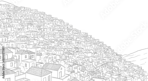 Intricate linear cityscape of hillside homes in dense urban setting