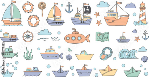 Cute nautical vector set with boats, ships, submarines, anchors, lifebuoys, lighthouse, waves, sea creatures, and playful ocean elements