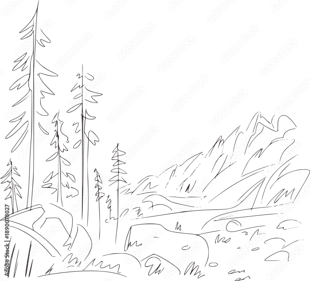 Obraz premium Minimalist of evergreen trees and rocky terrain