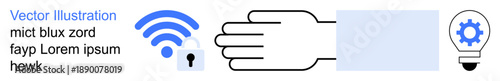Wireless technology, data security, innovation, network access, online safety, tech solutions. wireless signal, lock hand and lightbulb with gear symbol. Wireless technology and data security