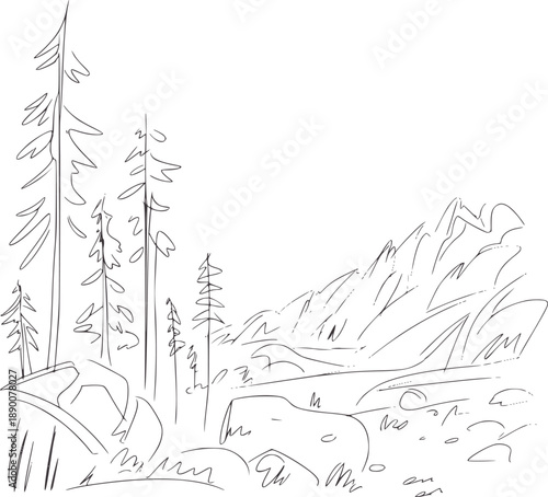 Minimalist of evergreen trees and rocky terrain