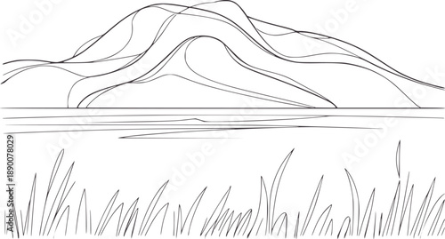 Minimalist of rolling hills over water with grass landscape mountains