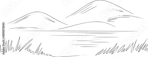 Minimalist of rolling hills and calm water with grass mountains lake