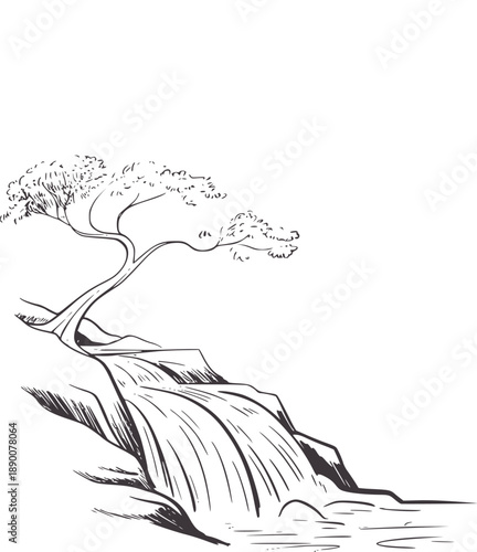 Minimalist pen and ink of a cascading waterfall with a lone tree