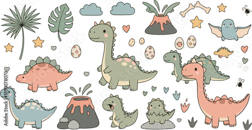 Cute baby dinosaur vector set with pastel dinos, eggs, volcanoes, tropical leaves, hearts, and adorable prehistoric characters for kids
