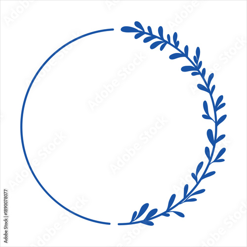 Blue leafy branch and partial circle frame design Vector