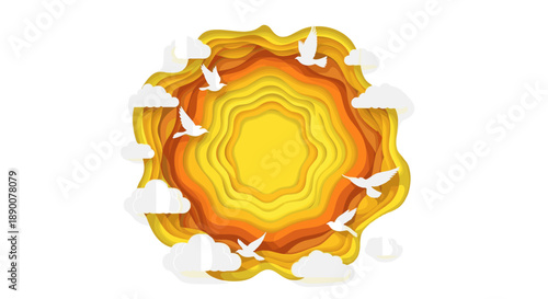 Abstract spring sun and clouds in layered paper cut style  Spring equinox 