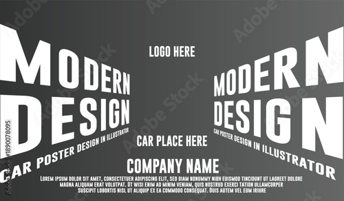 A modern car poster design template with placeholder text and a sleek gray background, featuring large white text and a logo area.