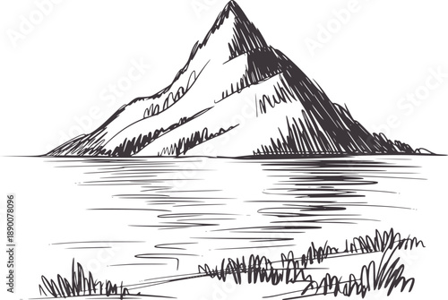 Minimalist pen of a mountain reflected in water with grass reflection