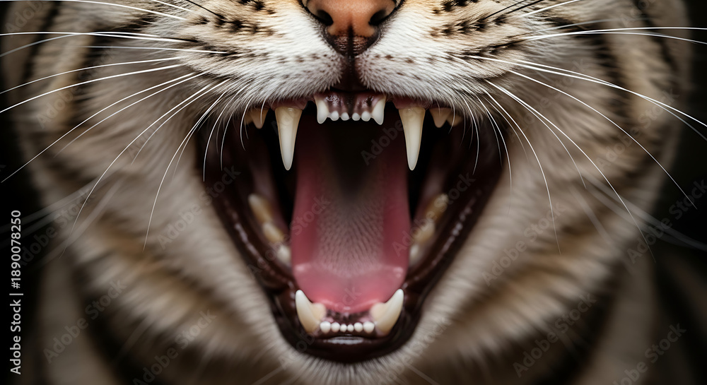 Obraz premium A fierce tiger's face with mouth open wide showing sharp teeth and whiskers in a close-up view