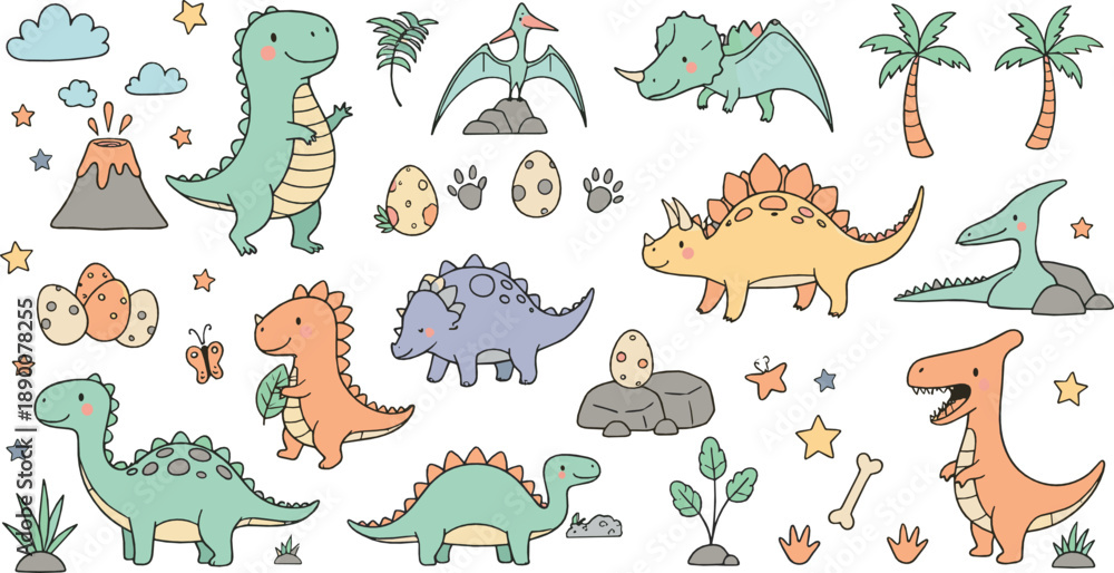 Obraz premium Cute cartoon dinosaur vector set with baby dinos, eggs, volcano, palm trees, footprints, and adorable prehistoric characters for kids