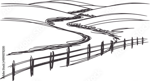 Winding path through rolling hills with wooden fence road