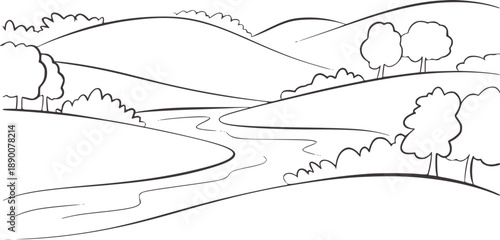Winding river through rolling hills with trees and bushes landscape