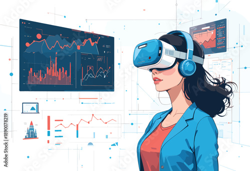 A professional woman in a blue blazer and red top wears a VR headset while holographic screens display charts and graphs, illustrating immersive data analysis in a futuristic tech setting.
