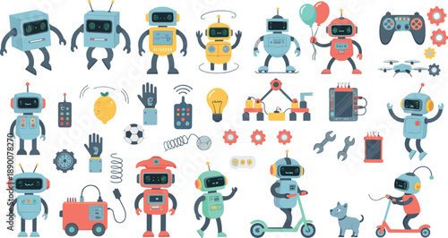 Cute cartoon robot vector set with AI characters, tools, gadgets, drones, games, balloons, and playful futuristic technology elements