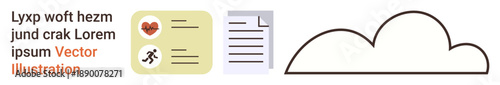 Health tracking, fitness, document management, minimalism, cloud storage, digital use. Icons of heart and running person, document and cloud outline. Health tracking and document management concept
