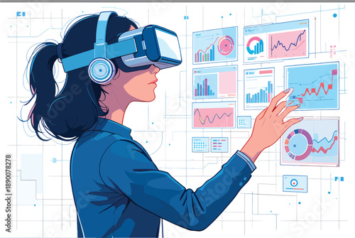 A woman in a blue shirt uses a VR headset, interacting with glowing analytics dashboards and immersive data visualization screens, symbolizing futuristic digital technology innovation.