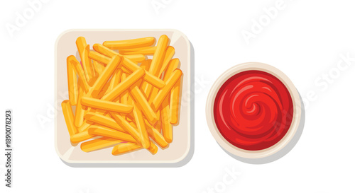 Top-down view of a square plate filled with golden french fries next to a small bowl of bright red ketchup, a classic fast food combination presented in a clean, simpl...
