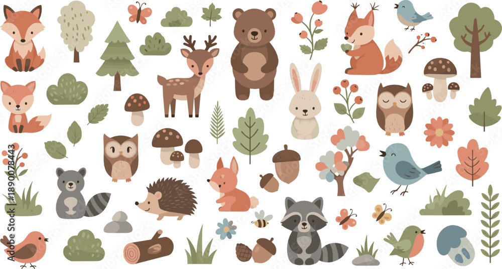 Fototapeta premium Cute woodland animals vector set with fox, bear, deer, owl, raccoon, hedgehog, birds, trees, leaves, and forest elements