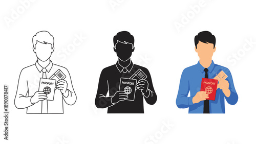 Set of icons representing a man holding a passport and money in three different styles outline, silhouette, and flat color illustration