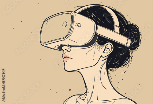 Stylish portrait of a woman wearing a VR headset on a soft beige background, showcasing futuristic technology, digital wearables, innovation, immersive experiences, and modern tech culture.