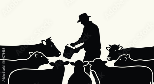 Farmer with cows silhouette in a rural scene