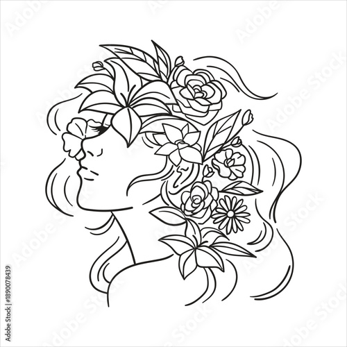 Elegant floral woman profile line art Vector