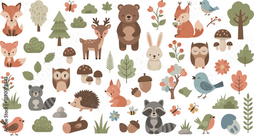 Cute woodland animals vector set with fox, bear, deer, owl, raccoon, hedgehog, birds, trees, leaves, and forest elements