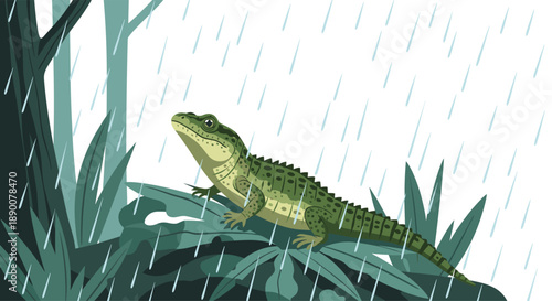A green lizard or crocodile-like creature standing on a branch amidst heavy rain in a dark forest, depicting a wild animal enduring a stormy weather condition in its n...