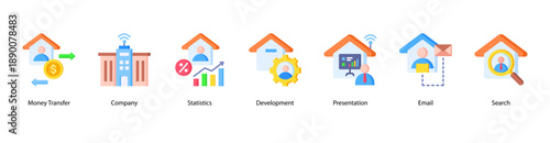 Corporate Operations web banner vector illustration featuring Money Transfer, Company, Statistics, Development, Presentation, Email, and Search.