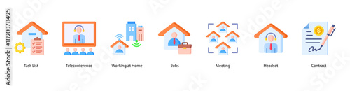 Virtual Collaboration web banner vector illustration featuring Task List, Teleconference, Working at Home, Jobs, Meeting, Headset, and Contract.