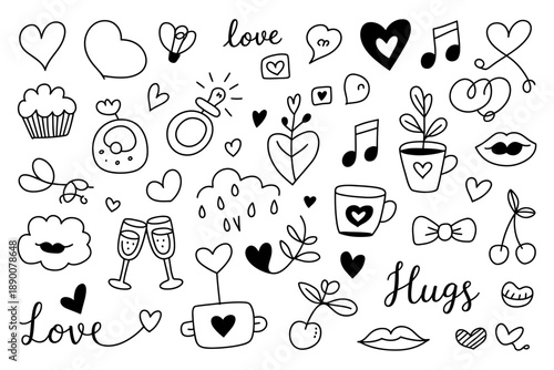 Hand drawn love and hugs doodle collection with hearts and music notes