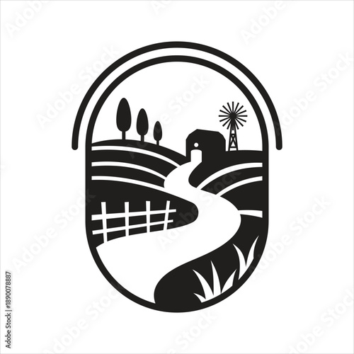 Rural farm scene with winding road and windmill illustration Vector