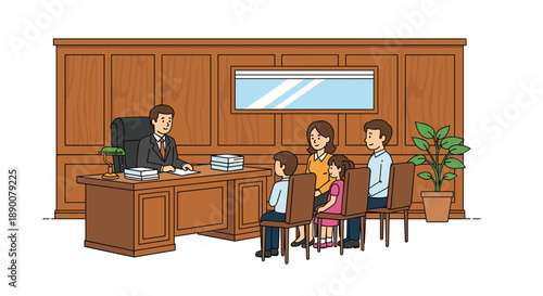 A judge or lawyer in a courtroom addressing a family and children seated before a wooden desk, depicting a legal proceeding, family court, or official hearing.