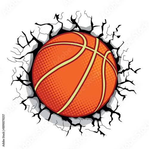 Basketball ball breaking the wall. Vector sporting template on transparent background