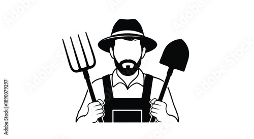 Farmer with pitchfork and shovel with transparent background