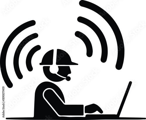 Isolated worker with headset and laptop broadcasting signals illustration vector